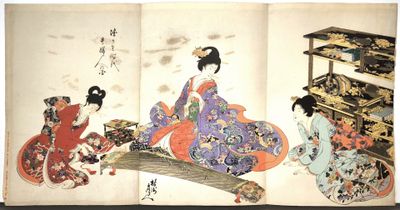 two asian women in kimono robes sitting on the floor