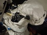 a bag of stuff sitting on top of a desk