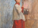 an oil painting of a woman holding a lit candle in her hand