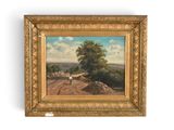 une peinture à l'huile représentant un paysage avec des moutons dans un champ