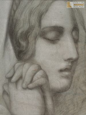 un dessin représentant une femme les yeux fermés, la main posée sur le menton
