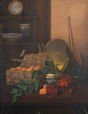 a painting of a basket of fruit on a table with a clock in the background
