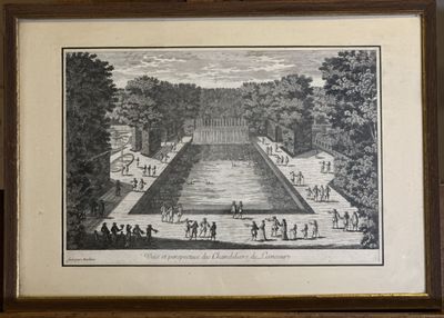 an old picture of a water fountain in a park with people walking around it