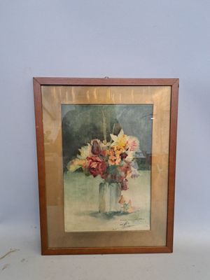 painting of flowers in a vase on a table in front of a wall