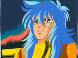 a close up of a cartoon character with blue hair and blue eyes