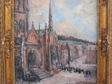 une peinture à l'huile représentant une scène de rue avec une église à l'arrière-plan