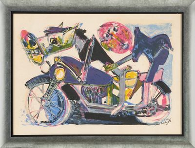 painting of a man riding a motorcycle with a dog on the back of it