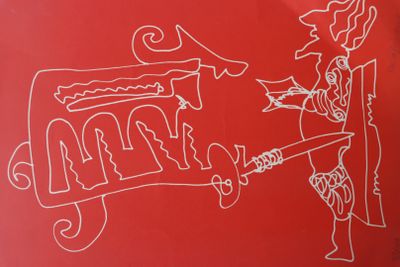 dessin représentant un homme et une femme sur un mur rouge, avec un fond rouge