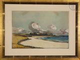 an image of a painting of a beach scene with a boat in the water