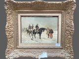 painting of a group of men riding horses in a snowy landscape