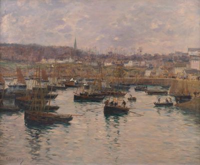un tableau représentant des bateaux dans un port, avec une ville en arrière-plan