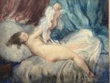 a painting of a naked woman laying on a bed