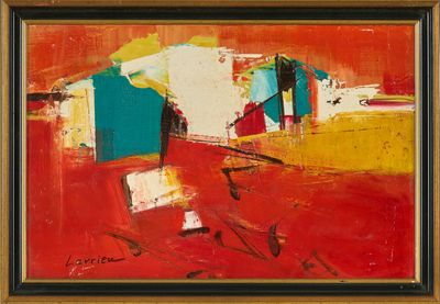 une image représentant une maison peinte en rouge, jaune et bleu