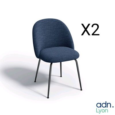 two chairs with a blue upholstered upholstered seat and black legs