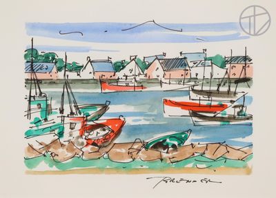 un dessin représentant des bateaux dans un port, avec des maisons en arrière-plan