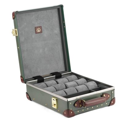 an image of a green suitcase with a bunch of watches inside of it