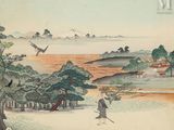 an image of a painting of a person walking in the snow
