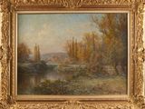 an image of a painting of a river with trees in the background