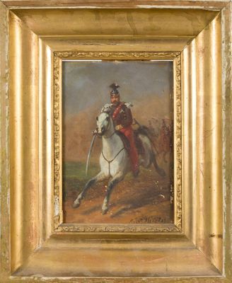 tableau représentant un homme à cheval, sur un cheval blanc, dans un champ