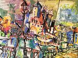 a painting of a city with a lot of buildings on it