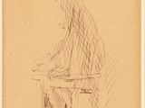 an old drawing of a man sitting on a stool