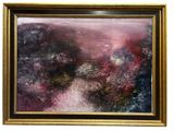 une peinture à l'huile représentant un sentier traversant un champ de fleurs