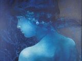 painting of a woman with blue hair and a blue dress