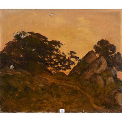 un tableau représentant un paysage de montagne avec des arbres au premier plan