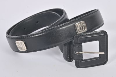 black leather belt with silver buckles on a white background