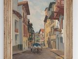 a painting of a horse drawn carriage on a city street