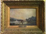 an image of a painting of a river scene with cattle