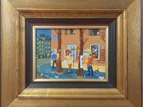 painting of a group of people standing in front of a building