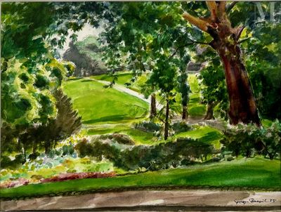 une aquarelle représentant un parc avec des arbres et des fleurs
