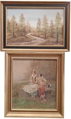 deux tableaux encadrés représentant un couple et un chien dans un décor boisé
