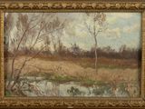 an oil painting of a landscape with trees and a stream