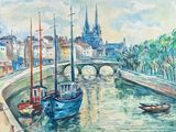 une peinture représentant des bateaux sur l'eau près d'un pont