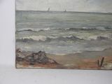 a painting on the wall of a beach with a sailboat in the distance