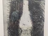 drawing of two people standing in front of a building with a building in the background