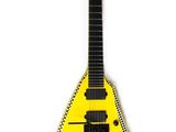 a close up of a yellow electric guitar on a white background