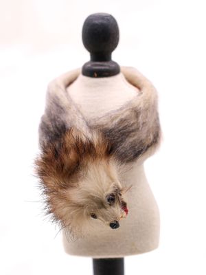 un animal à fourrure posé sur un mannequin