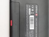 the back of a black cell phone with a red button on it