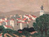 a painting of a village with a church tower in the background
