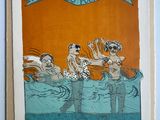 painting of a group of people swimming in a body of water