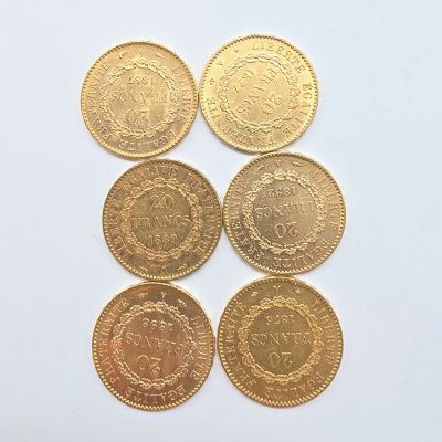 six pièces d'or sont disposées en ligne sur une surface blanche