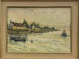 an oil painting of boats on a river with houses in the background
