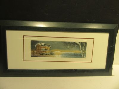 tableau représentant une grange par temps de neige, dans un cadre noir