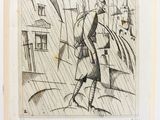 une image représentant un dessin d'un homme marchant sous la pluie