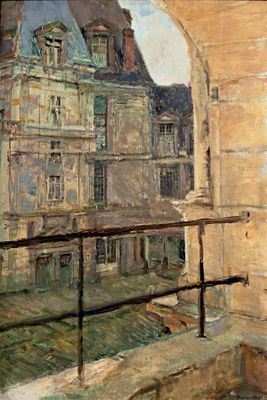 une peinture représentant la vue d'un bâtiment à travers une fenêtre