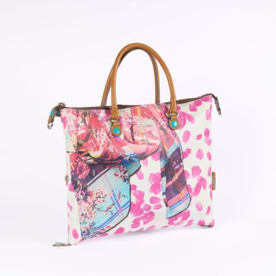 an image of a pink and white bag with flowers on it