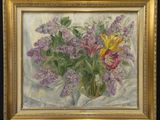 peinture représentant des fleurs dans un vase posé sur une nappe